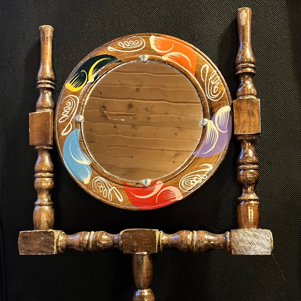 Vintage Hand Painted Wood Folk Art Tabletop Vanity Mirror Boho Decor